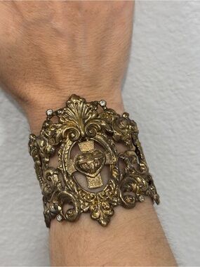 Virgins Saints & Angels Ornate Gold-Tone Sacred Heart Cuff Bracelet RARE